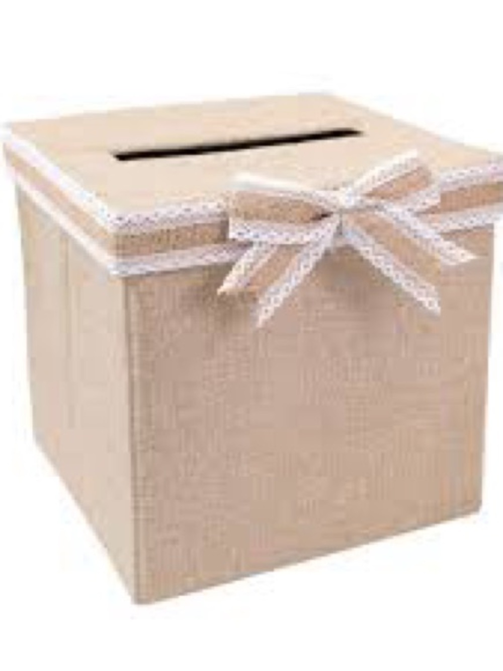 Brand New Burlap Wedding Card Box with Lace Bow - Neutral